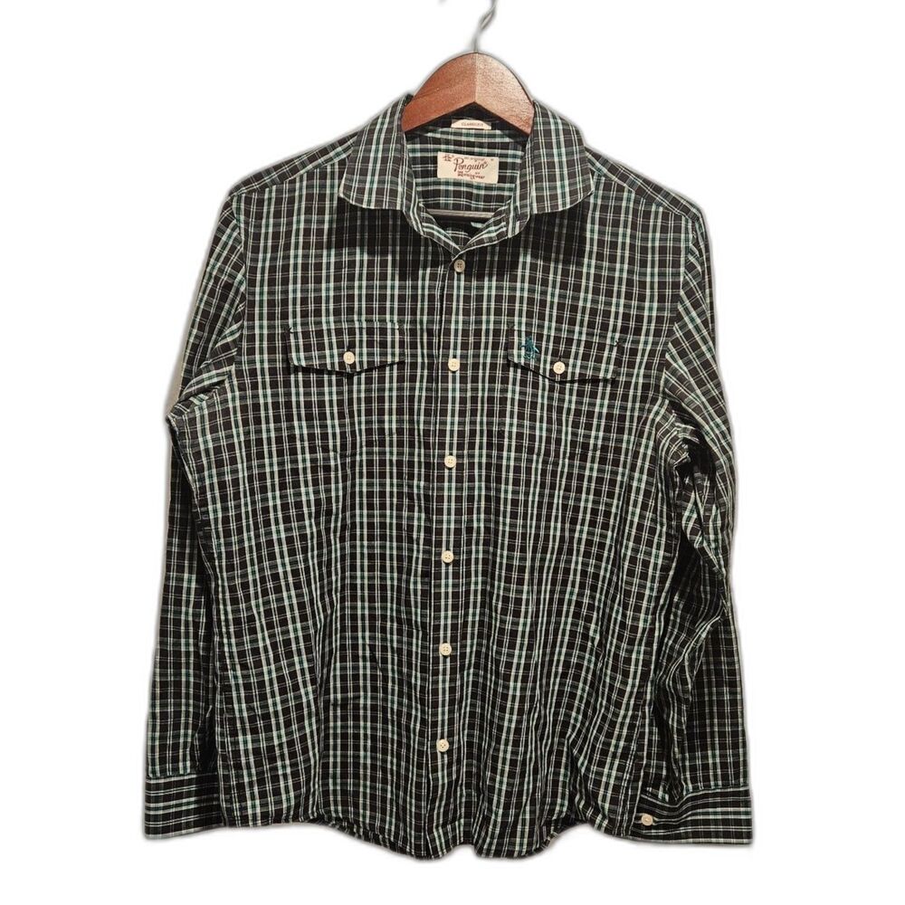 Original Penguin Plaid Black Teal Classic Cotton Button Up Men's Shirt, Size M